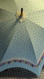Fashion accessory umbrella, with lace & buttons, on simple all-over fabric pattern