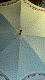 Fashion accessory umbrella, with lace & buttons, on simple all-over fabric pattern